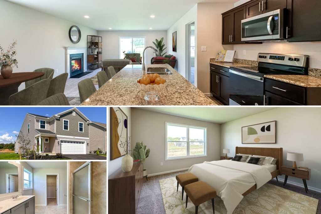 Collage of two-story home with attached garage, furnished living room with fireplace, modern kitchen with dark cabinets and granite countertops, spacious bedroom with large window, and bathroom with double sinks and shower.