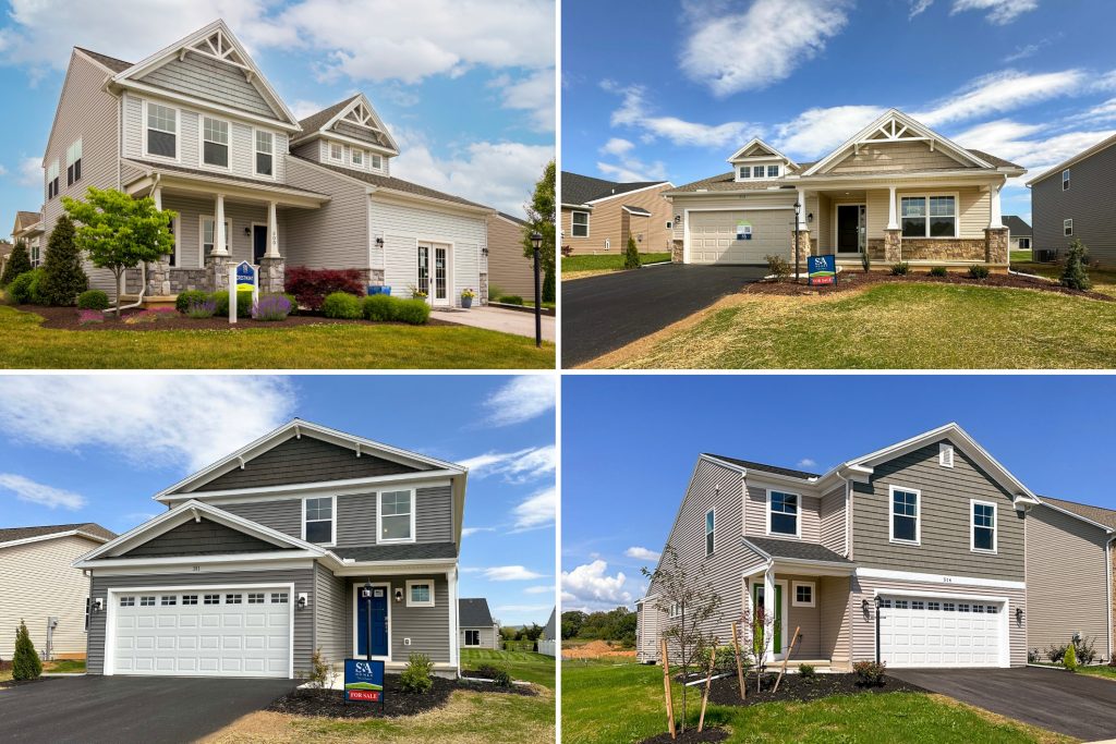 Collage of four different homes: two-story home with porch and stone accents, single-story home with porch and stone accents, two-story home with dark gray siding, and two-story home with light gray siding and green accents.
