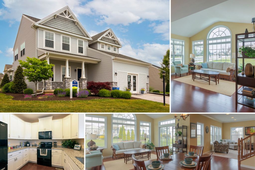 Collage of two-story home with front porch and stone accents, furnished living room with large windows, modern kitchen with white cabinets, and spacious dining area with natural light.