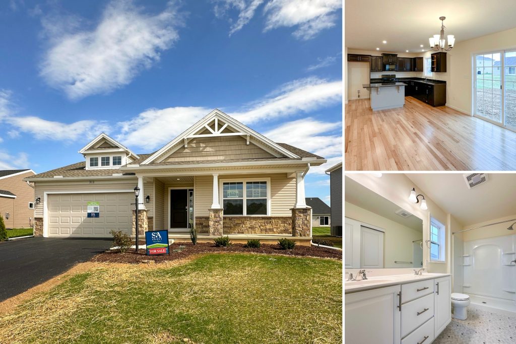 "Collage of single-story home with front porch and stone accents, unfurnished kitchen with vinyl plank flooring, and bathroom with double sink and shower.