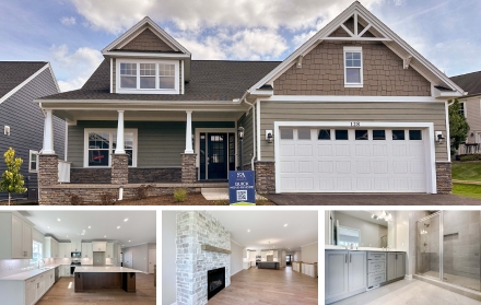 A collage featuring the front exterior of a Craftsman-style home with stone accents and a two-car garage, alongside interior images showcasing a modern kitchen, a living room with a fireplace, and a spacious bathroom with double vanities and a walk-in shower.