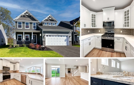 A collage featuring the front exterior of a two-story Craftsman-style home with a two-car garage, along with interior images showcasing a modern kitchen with white cabinetry, a spacious open living area with wood flooring, and a bathroom with a granite countertop and dual sinks.