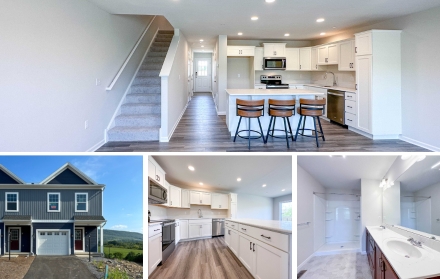 A collage featuring a townhome exterior with a one-car garage, alongside interior images of a modern kitchen with a large island and seating, an open living area, and a bathroom with dual sinks and a walk-in shower.